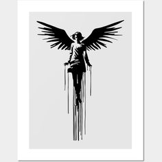 a black and white drawing of an angel with wings on it's back, standing in