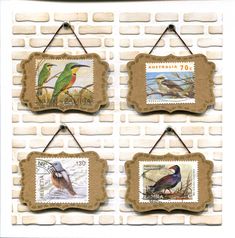 four birds mounted to a brick wall with wooden frames on the front and back of them