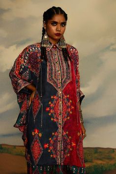 Multicolored button down kaftan style kurta with floral geometric pattern and circular gathered sleeve.. - Aza Fashions Rajdeep Ranawat, Floral Geometric Pattern, Kaftan Kurta, Kurta For Women, Kaftan Style, Floral Geometric, Womens Tunics, Aza Fashion, Three Quarter