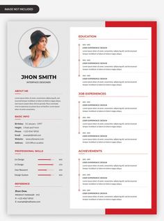 a red and white resume template with an image of a woman's face on it