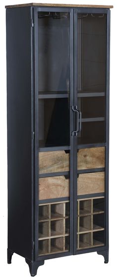 a black cabinet with drawers and shelves on the bottom shelf is open to reveal its contents