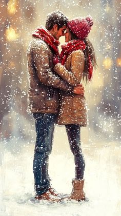 a man and woman standing in the snow with their arms around each other as they kiss