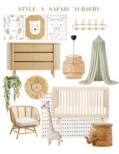 a baby's nursery room with neutral colors and accessories, including a crib