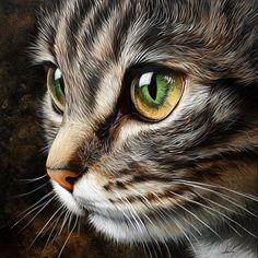 a painting of a cat with green eyes