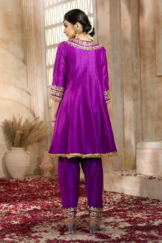 Violet short anarkali with floral pattern gota embroidery. Comes with matching salwar and dupatta. - Aza Fashions Anarkali Sets With Zari Work In Traditional Drape, Anarkali Jamawar Sets For Reception, Anarkali Traditional Wear With Dabka Work For Reception, Bollywood Style Kurta With Resham Embroidery For Reception, Bollywood Style Jamawar Anarkali Set For Reception, Eid Reception Traditional Wear With Gota Work, Resham Embroidered Salwar Kameez For Reception, Salwar Kameez With Zari Work For Reception, Resham Embroidered Salwar Kameez For Reception Festivals