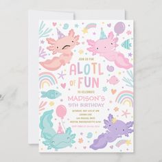 a birthday card with unicorns and stars on the front, in pastel colors