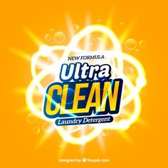 the logo for new formula ultra clean laundry deterant, with bubbles on an orange background