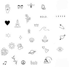 some black and white tattoos on a white background with the words bold, loved written in it