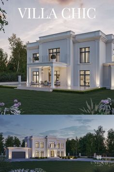 the front and back view of a modern house at dusk or dawn with text overlay that reads villa chic