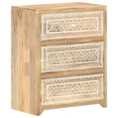 a wooden cabinet with two drawers and carvings on it