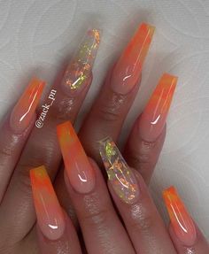 Orange Ombre Nails, Orange Acrylic Nails, Encapsulated Nails, Orange Nail Designs, Yellow Nails Design, Orange Nail, Ombre Acrylic Nails