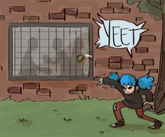 a drawing of a person with blue hair throwing a frisbee in front of a brick building