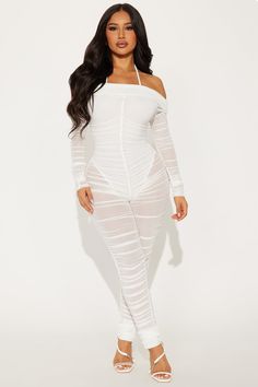 Available In Black And White. Mesh Jumpsuit Long Sleeve Off Shoulder Tie Halter Bodysuit Lining Ruched Legging Stretch Shell/ Lining: 95% Polyester 5% Elastane Imported | Highly Favored Mesh Jumpsuit in White size Large by Fashion Nova Highly Favored, Jumpsuit Long Sleeve, Mesh Jumpsuit, Ruched Leggings, Jumpsuit Long, Halter Bodysuit, White Jumpsuit, Long Jumpsuits, White Mesh