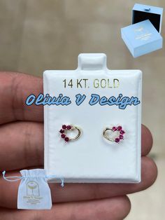 14k Solid Yellow Gold Cubic Zirconia Ruby Heart Stud Earrings Bolita Screwbacks, Great For Kids & Babies VVS1 Quality AAA Cubic Zirconia  Size: 7x9 Backs : Screwbacks, Genuine 14k Backs Comes with beautiful 14k Card along with the earring  This is Top Quality Item, GUARANTEED Free Shipping Within 24 Hours Of Payment Free Velvet Gift Pouch About OliviaVdesigns: Thanks for taking a look at OliviaVdesigns. Designs  Been doing jewelry all my life. This is my specialty :) I'm a jewelry designer worki 14k Gold Heart Earrings With Prong Setting, 14k Gold Jewelry With Matching Earrings For Valentine's Day, Heart-shaped 14k Gold Birthstone Earrings, 14k Gold Heart Earrings With Birthstone For Anniversary, 14k Gold Heart Cut Birthstone Earrings, 14k Yellow Gold Earrings For Birthday, Valentine's Day Round Heart Birthstone Earrings, 14k Gold Heart Earrings For Valentine's Day, 14k Gold Prong Set Earrings For Valentine's Day