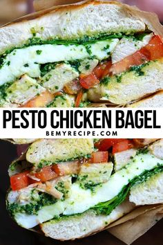 two chicken bagel sandwiches stacked on top of each other with the words pesto chicken bagel