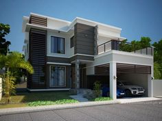 a car parked in front of a two story house with a garage on the second floor