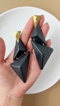 These royal blue, asymmetric mismatched earrings are a truly special piece ofArchirectural Jewelry. Modern Black Drop Plug Earrings, Unique Black Pierced Earrings, Unique Black Dangle Plug Earrings, Unique Black Earrings For Evening, Unique Black Geometric Jewelry, Modern Black Geometric Earrings, Modern Black Triangle Jewelry, Fimo Ideas, Architectural Jewelry