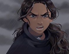 a woman with long brown hair and blue eyes is staring at the camera while standing in the rain