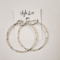 Style & Co, Nwt, Silver Tone And Clear Beaded Large Lightweight Hoop Earrings Item Style 423 Brand New Lightweight Silver Tone Large Hoops With Clear And Silver Beads Retail Value $24.50 Adjustable White Nickel Free Hoop Earrings, White Hoop Earrings For Spring Party, Everyday Round White Beaded Earrings, White Spring Party Hoop Earrings, White Metal Beaded Earrings, Trendy Adjustable Silver Beaded Earrings, White Metal Beaded Earrings With Ear Wire, White Metal Hoop Earrings For Summer, Silver Hoop Earrings For Spring