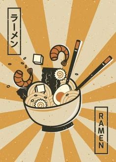 an illustration of ramen in a bowl with chopsticks and shrimp