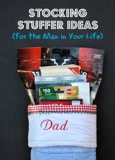 a father's day stocking stuff bag with the title saying, stocking stuff stuffed ideas for the man in your life