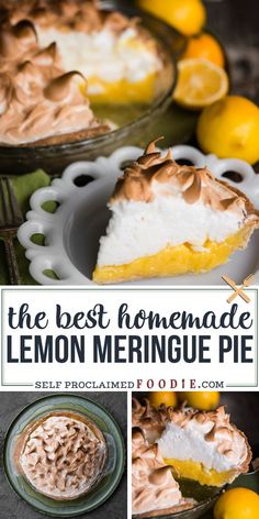 the best homemade lemon meringue pie is in this collage and it's ready to be eaten