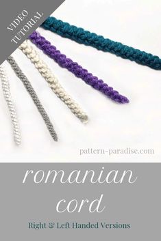 four crocheted hair ties with the text, roman cord right and left handed versions