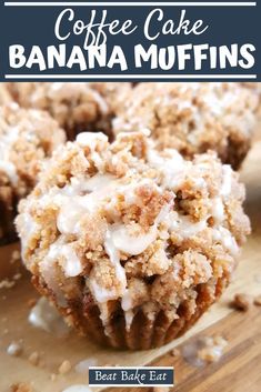 coffee cake banana muffins on a cutting board with the title in the middle