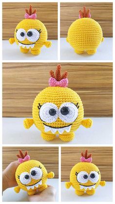 crocheted yellow stuffed toy with big eyes and a pink bow on it's head