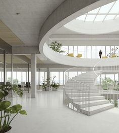 a spiral staircase in the middle of a room with large windows and potted plants