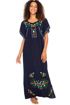 VIBRANT CUSTOM FLORAL EMBROIDERY and a loose flowy fit make this beautiful boho inspired black Mexican maxi dress the perfect long summer kaftan or beach dress COOL AND COMFORTABLE with side slits for ease of moment, the slimming A-line is design is great for everyday wear. Or dress it up for a dazzling night out. Short sleeves have feminine scalloped edges 100% RAYON. With a soft, silky feel, rayon is a natural fiber that lets skin breathe. This beach dress is moisture absorbent and dries quick Short Sleeve Embroidered Dresses For Beach Season, Embroidered Beachwear Maxi Dress As Beach Cover-up, Embroidered Beachwear Maxi Dress, Spring Embroidered Beachwear Maxi Dress, Casual Floral Embroidered Dresses For Beach Season, Casual Embroidered Dresses For Beach Season, Embroidered Long Maxi Dress For Vacation, Folk Style Boho Dress With Boho Print For Beach, Casual Floral Embroidery Dresses For Beach Season