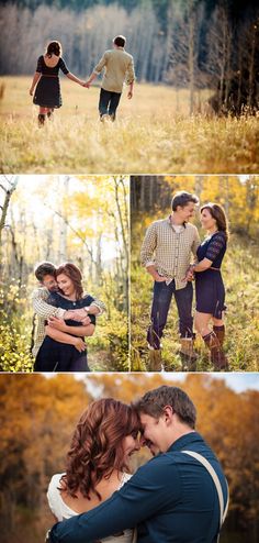 two people are holding hands and posing for pictures in the woods with their arms around each other