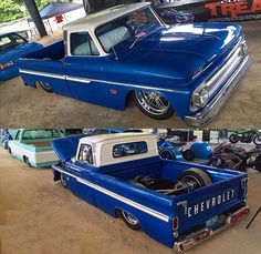 two pictures of the same truck in different stages of being restored, one is white and the other is blue