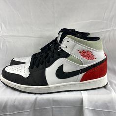 Questions? Leave A Comment Below! Shoes Are In Good Condition Lightly Worn No Major Flaws Will Not Include Box Or Insoles Can Provide Replacement Insoles If Needed And Asked For Prior To Shipping Super Cool Colorway Dubbed The Union Mid Black Toe Since The Have A Red Suede On The Bottom Half Of The Back Tab And A Greyish/Mint Suede On The Top Half As Pictured Always Get Compliments When I Wear These Out Air Jordan 1 Mid Se, Jordan Red, Air Jordan 1 Mid, The Union, Jordans For Men, Jordan 1 Mid, Red Suede, Air Jordan 1, Jordan Shoes