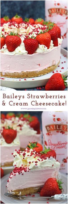 two pictures of a cake with strawberries and cream cheesecake toppings on it