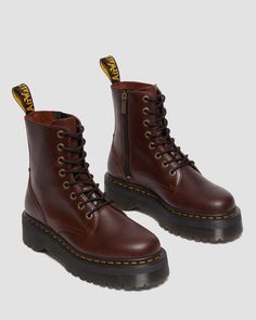 Jadon Boot Pull Up Leather Platforms in Dark Brown | Dr. Martens Brown Platform Martin Boots With Round Toe, Brown Lace-up Platform Boots, Brown Leather Lace-up Platform Boots, Brown Platform Lace-up Winter Boots, Dr Martens Jadon Smooth Leather Platform Boots, Jadon Boots, Boot Pulls, Shoe Brushes, Dark Brown Color