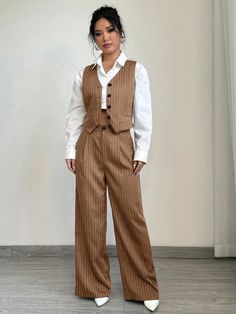 1 Set Women Striped Casual Vest & Women Casual Suit Pants Khaki Elegant    Colorblock,Plain,Striped  Non-Stretch  Women Clothing, size features are:Bust: ,Length: ,Sleeve Length: Chaleco Casual, Shawl Collar Blazer, Yoga Jacket, Checked Suit, Traje Casual, Casual Vest, Women Shawl, Casual Suit, Women's Shapewear