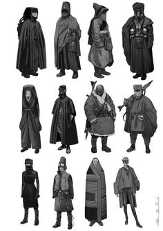 black and white images of people dressed in different costumes, including cloaks and hats