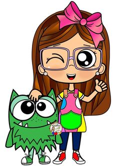 a cartoon girl with glasses and a green monster is standing next to her, both looking at the camera