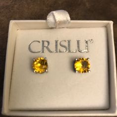 Beautiful Amber Solitaire Earrings By Crislu. $35 Classic Yellow Earrings As Gift, Classic Yellow Earrings For Gift, Elegant Yellow Earrings For Gifts, Yellow Citrine Earrings For Formal Occasions, Formal Yellow Citrine Earrings, Classic Yellow Earrings For Anniversary, Yellow Jewelry With Matching Earrings For Gifts, Classic Yellow Round Earrings, Classic Yellow Jewelry As Gift