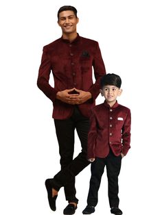 VASTRAMAY Maroon Polka Dot Printed Velvet Jodhpuri Baap beta Set Fitted Sherwani For Puja During Diwali, Traditional Full Length Fitted Kurta, Diwali Fitted Long Sleeve Bandhgala, Semi-formal Long Sleeve Sets For Diwali, Traditional Full Length Fitted Sets, Traditional Fitted Full Length Sets, Semi-formal Traditional Wear With Long Sleeves For Festivals, Semi-formal Long Sleeve Traditional Wear For Festivals, Traditional Fitted Bandhgala For Puja