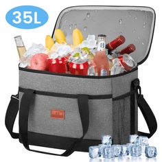 the cooler bag is filled with bottles and ices