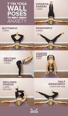 a woman is doing yoga poses to help her get up from the floor and into the wall