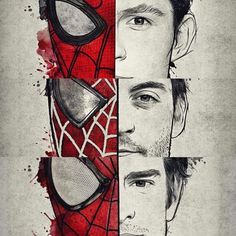 the amazing spider - man movie poster is shown in three different frames, each with his own face painted on it