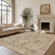 a living room filled with furniture and a large rug on top of a hard wood floor