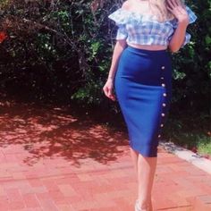 Navy Blue Bandage Skirt. Zipper In The Back, Button Accessories. Mid-Length Pencil Skirt. Size S: 22.5 ( Expands To 24” Circumference), 25” Length Size M: 24” (Up To 27”) 25” Length Size L: 25.5” (Expands To 29”) Length 25.5” Mustard Yellow Skirts, Button Accessories, Suede Pencil Skirt, Jean Pencil Skirt, Black Jean Skirt, Green Pencil Skirts, Pink Pencil Skirt, Bodycon Pencil Skirt, Striped Skirt Pencil