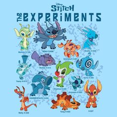 an image of stitch and the experiments characters on a blue t - shirt