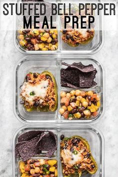 four glass containers filled with different types of food and chips on top of each other