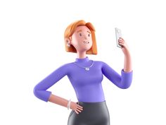 a woman in a purple shirt is holding a cell phone