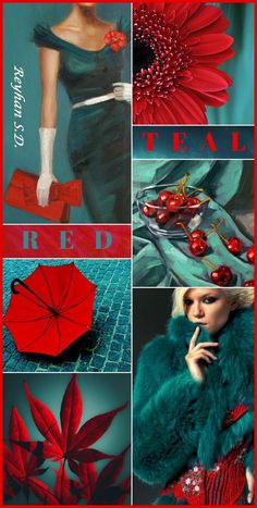 a collage of photos with red flowers and lady in green dress holding an umbrella